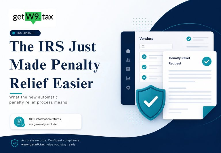 GetW9 graphic explaining the IRS Automatic Exemption from Penalty program, with a vendor dashboard and a note that 1099 information returns are generally excluded.
