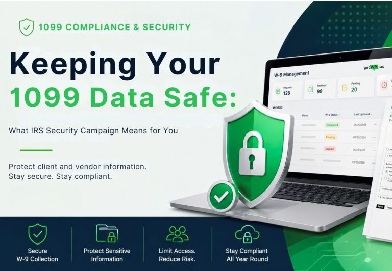 Accounts payable professional reviewing protected W-9 and 1099 records in a secure vendor data system.