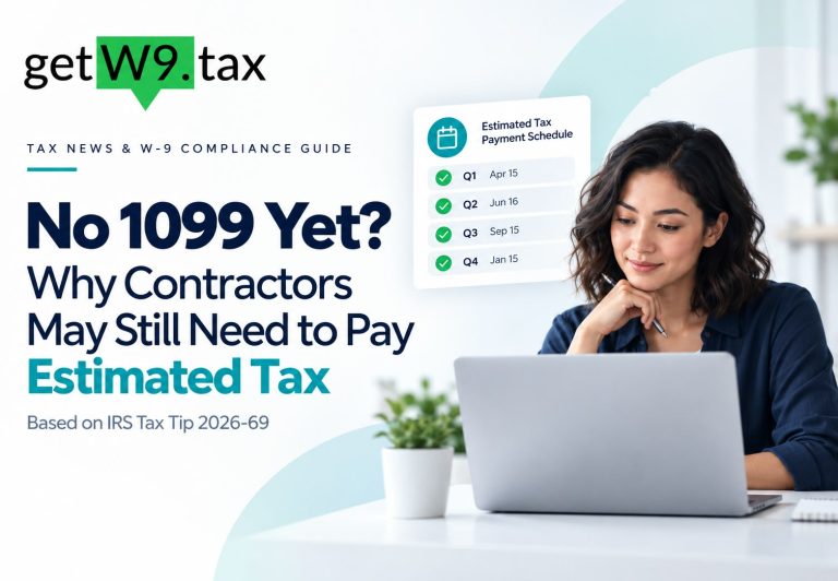 GetW9.tax blog graphic showing a contractor using a laptop beside a 2026 estimated-tax payment schedule, explaining that estimated taxes may be due before Form 1099 arrives.