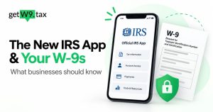 Illustration of the IRS app on a phone beside a W-9 form and a green padlock shield.