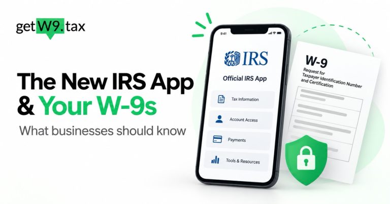 Illustration of the IRS app on a phone beside a W-9 form and a green padlock shield.