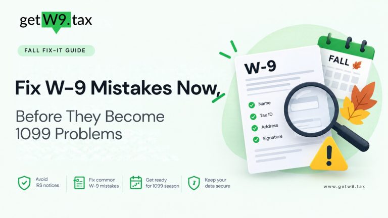 getW9 fall guide: Fix W-9 mistakes now before they become 1099 problems, with a W-9 checklist, magnifying glass, and fall calendar.